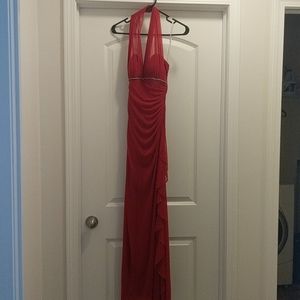 Betsy & Adam Long Red Halter Dress